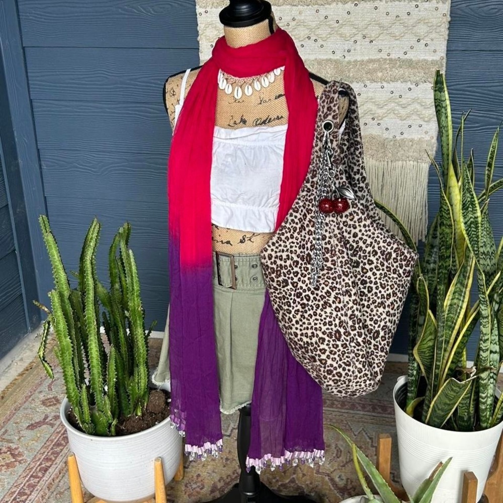 Vintage Y2K Extra Long Ombre pink and purple scarf with crystal beaded trim